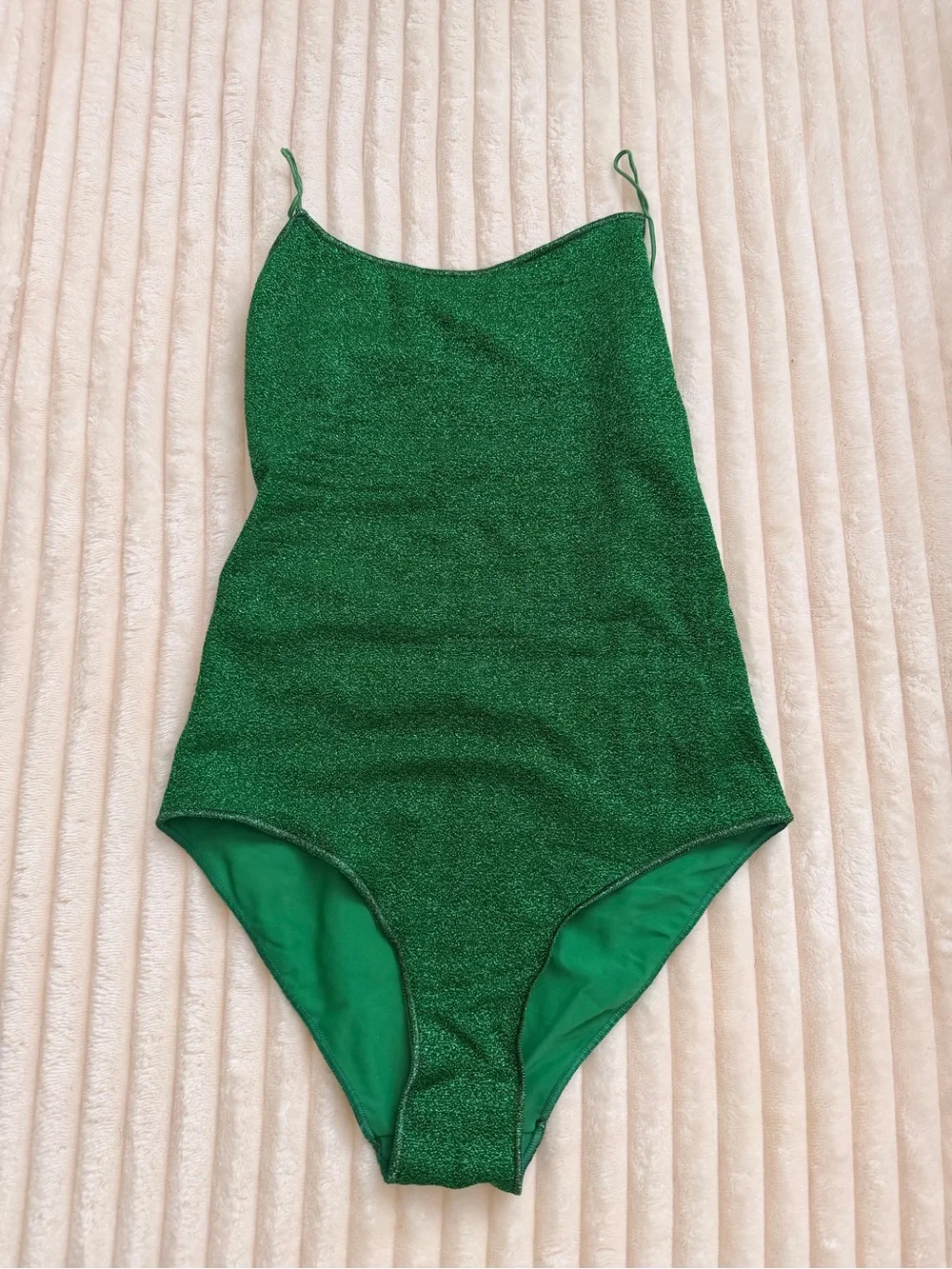 Oseree Green Lumière Feather trimmed Metallic Shorts and matching bikini Set S